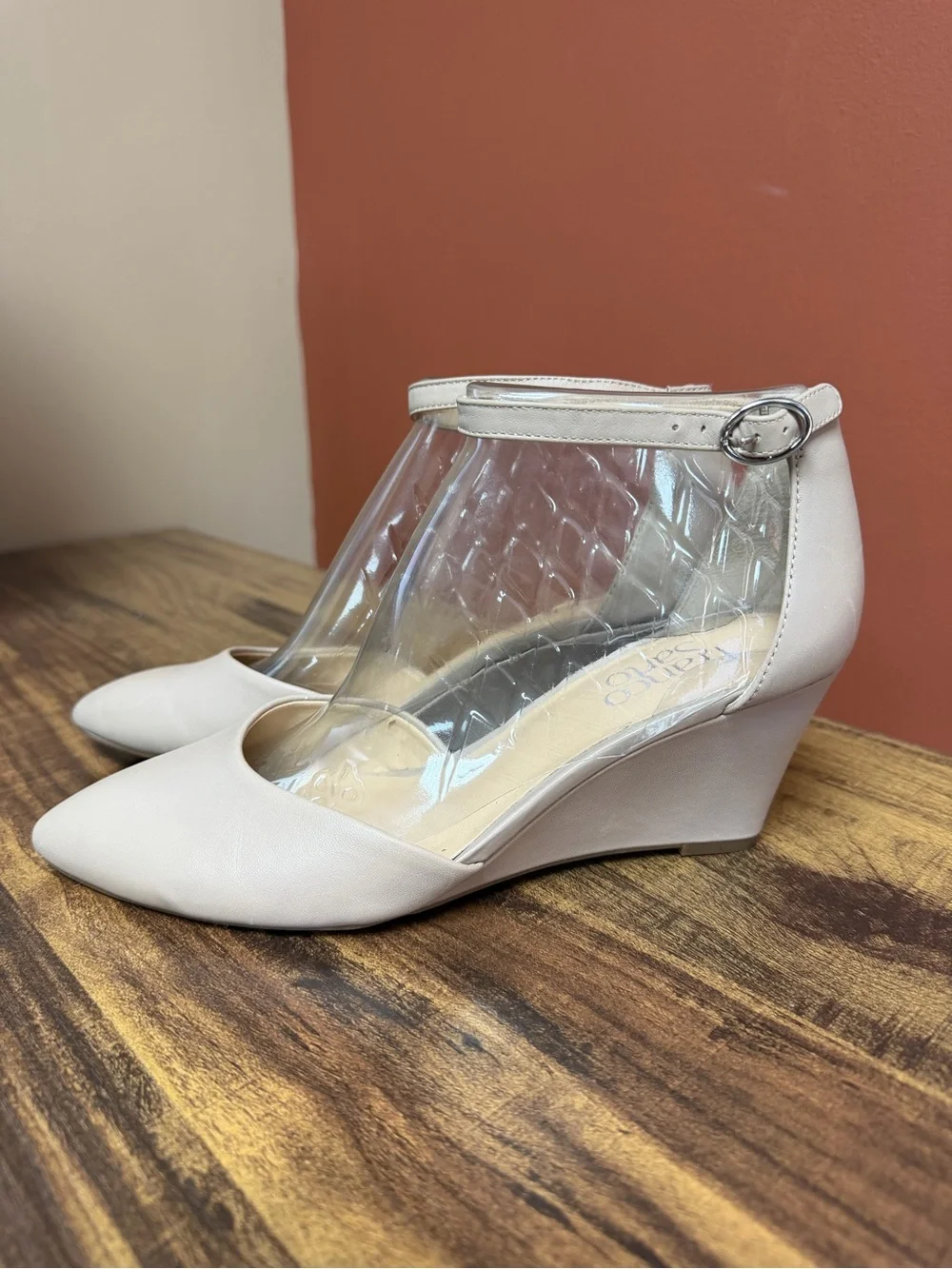 Franco Sarto “Fayth” Nude Wedge Women’s Size 7.5 Leather Ankle Strap Pointed-Toe